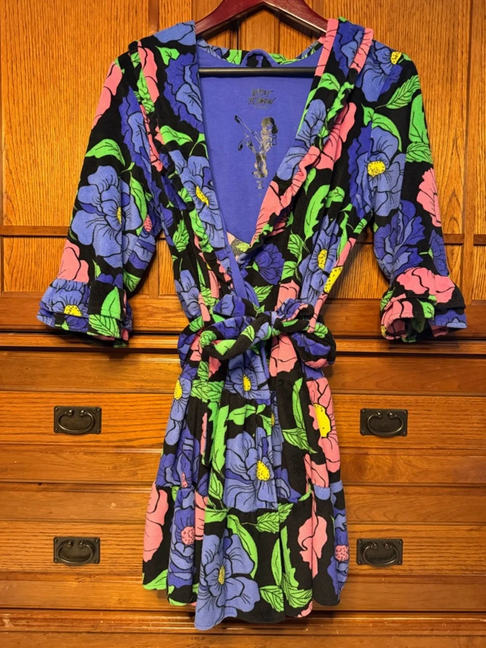 Betsey Johnson Intimates Robe Terry Cloth Retro Neon Whimsical Ruffle Floral 90s - Picture 1 of 10